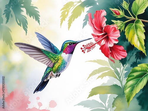 Hummingbird drinking nectar from a vibrant red hibiscus flower