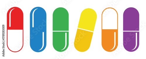 Colorful pill set. Medicine capsules. Pharmacy illustration. Healthcare and drug treatment concept.