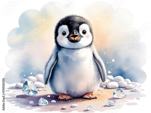 Adorable baby penguin standing in a snowy environment