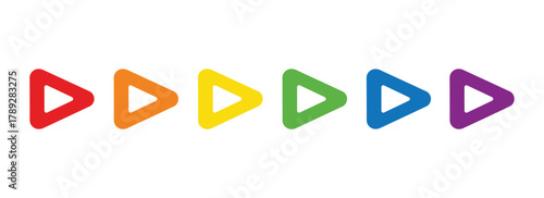 Colorful play button collection. Rainbow color scheme. Media player interface symbol set. Vector.