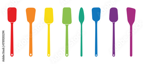 Colorful spatulas vector set. Baking and cooking tools. Kitchen accessories rainbow collection