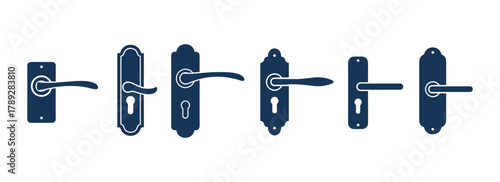 Door handle solid icons. Variety of door handles and locks set.