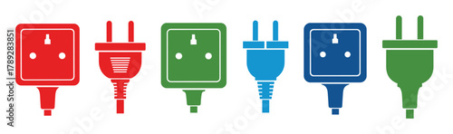 Electric plugs and sockets icons; power outlet collection; energy connection symbols
