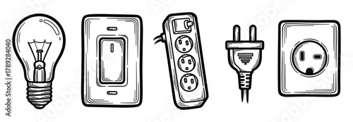 Electricity power hand drawn icons. Light bulb, switch, power strip, plug, and outlet