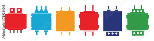 Electronic transformers and chokes in flat style set. industrial components in various colors.