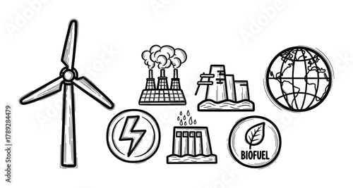 Energy production industry line art symbols. Ecological electricity generation biofuel plant vector.