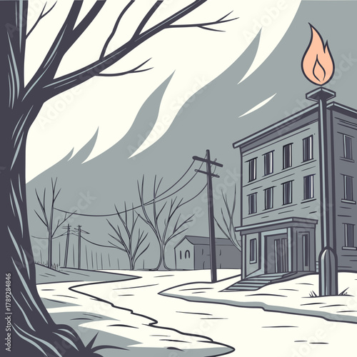 A desolate winter landscape with a building, a gas lamp, and bare trees under a cloudy sky