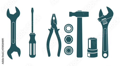 Flat vector collection of various construction and repair tools on white background.