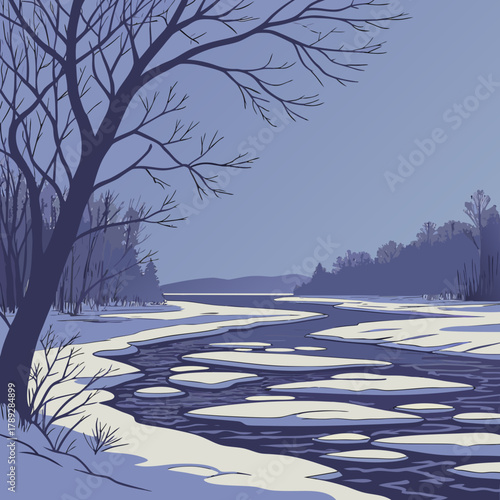 A frozen river landscape with ice floes and bare trees under a pale winter sky