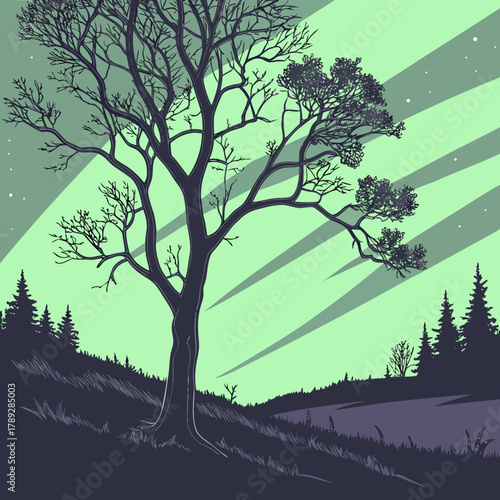 A lone tree stands silhouetted against a vibrant green sky, with stars and aurora borealis in the background