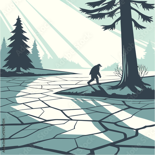 A mysterious creature walks across a frozen lake in a winter landscape with tall trees and bright sunlight