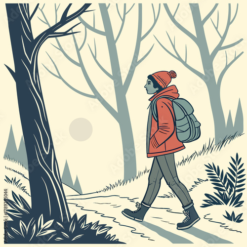 A person hiking through a forest in winter with bare trees and a backpack on a sunny day