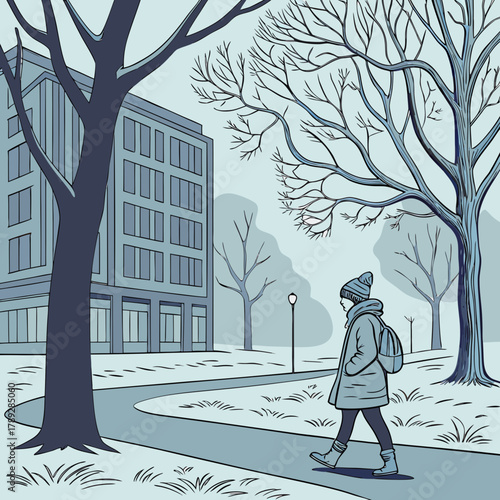 A person in winter clothing walks in a snowy park near a building on a cold winter day
