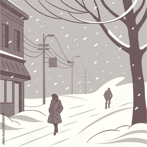 A person walking down a snowy street in a residential neighborhood during a snowfall, with houses and trees