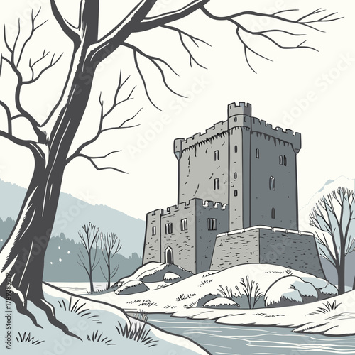 A serene winter landscape featuring a medieval castle nestled amidst snowcovered hills and a frozen river