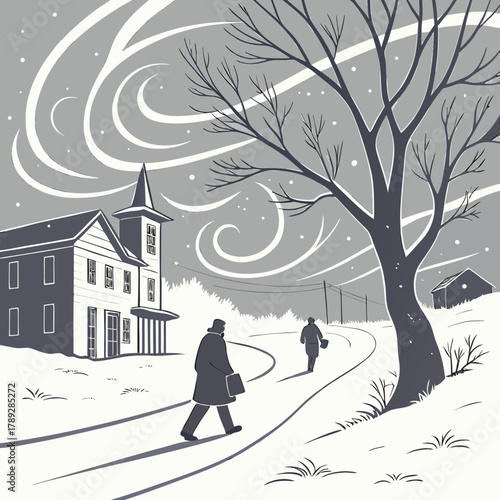 A snowy day in the village with people walking on the road near the church and houses in winter