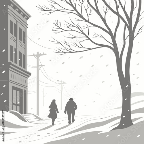 A snowy street scene with a building, a tree, and two figures walking along a sidewalk in the winter season