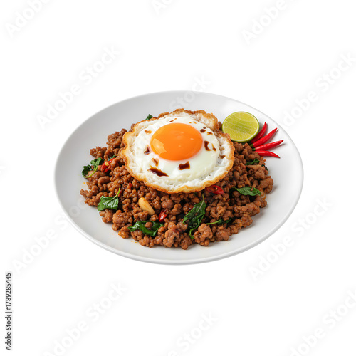 Pad Krapow with Fried Egg on White Plate