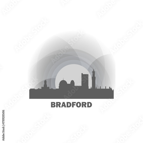 UK England, Bradford cityscape, skyline, city panorama. Vector flat modern logo, icon. Great Britain West Yorkshire emblem contour with landmarks and buildings at sunset, sunrise