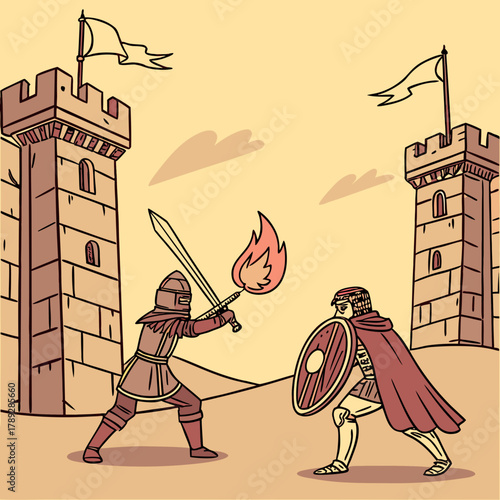 Medieval knights duel with sword and shield in front of castle towers in a fantasy scene