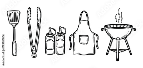 Hand drawn barbecue tools and accessories, spatula, tongs, apron, sauces, grill.