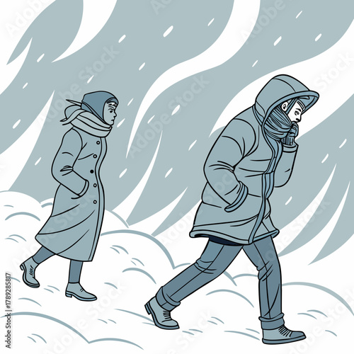 Two people walking in a blizzard, bundled up in coats and scarves, battling the harsh winter weather