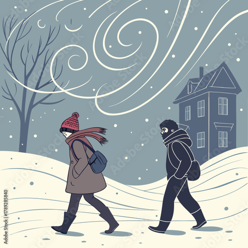 Two people walking in a snowy landscape during a blizzard with strong winds and houses