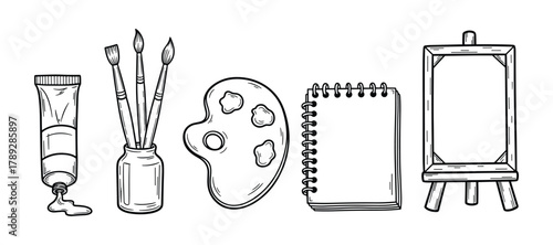 Hand drawn doodle sketch style art tools set isolated. Creative artist supplies.