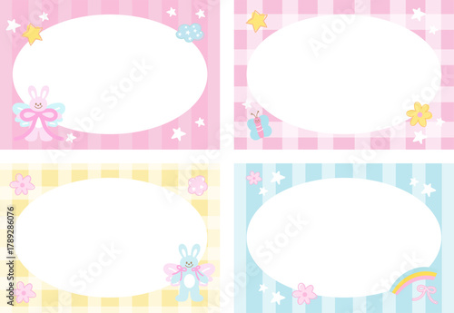 Cute pastel rectangle frame set with bunny, butterfly, flowers for animal print, decoration, polaroid photo, ad template, social media, poster, book cover design, notepad, sticky note, memo, banners