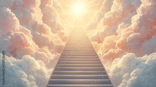 Stairway to heaven ascending through ethereal clouds towards bright light