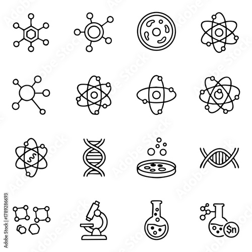 Science Experiment and Atomic Structure Line Icon Set