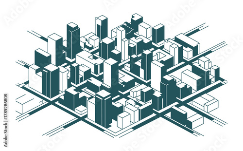Isometric city with modern buildings and road network. Urban landscape with architectural structures.