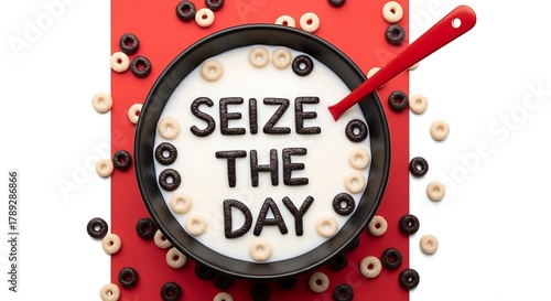 Cereal bowl with seize the day message and scattered cereal