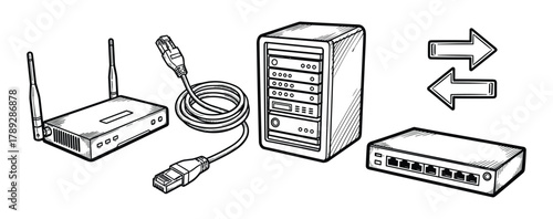 Local area network devices hand drawn icons. Computer communication equipment set.
