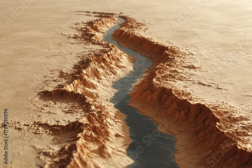 A miniature riverbed etched into clay representing drought