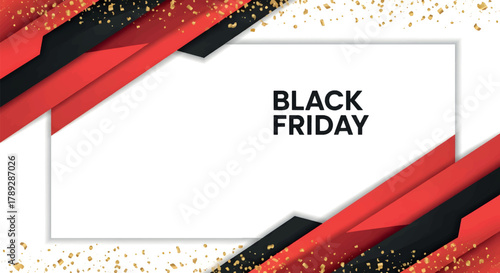 Black Friday Frame with Red and Black Geometric Shapes and Golden Confetti Design