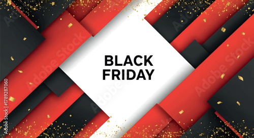Black Friday promotion banner with red and black geometric shapes and confetti.