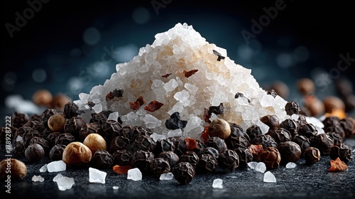 A pile of coarse sea salt crystals with black peppercorns