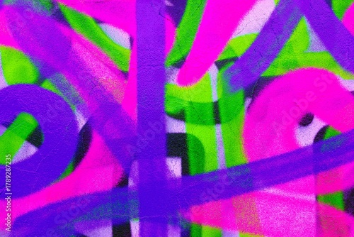 Graffiti art in neon pink, purple, green with abstract swirls. Urban, 90s vibe, trippy, funky style. Modern 90s, 2000s creative banner, digital art, street visuals.