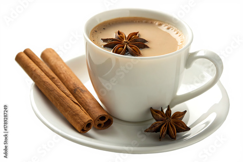 White Cup of Chai Tea with Cinnamon Sticks and Star Anise on a Saucer drink beverage isolated on a transparent background
