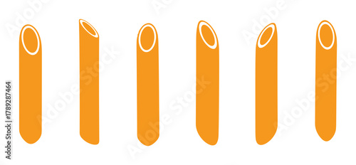 Orange penne pasta macaroni tubes set as food icon on a white background