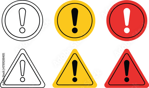 Collection of exclamation mark warning signs in circular and triangular shapes