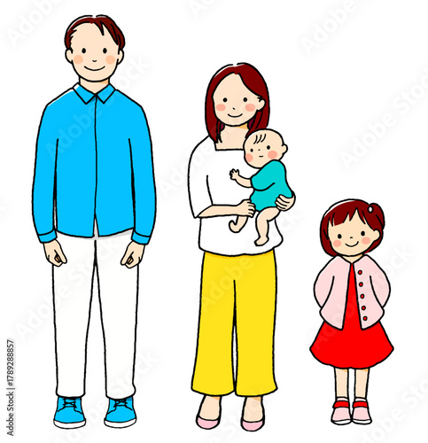 父と母と娘と赤ちゃんのイラスト