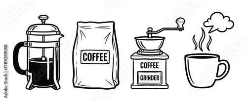 Set of coffee tools and elements hand drawn