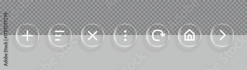 Glass button icons for website and app navigation, home, menu, reload, forword, close symbol, modern glassmorphism icons