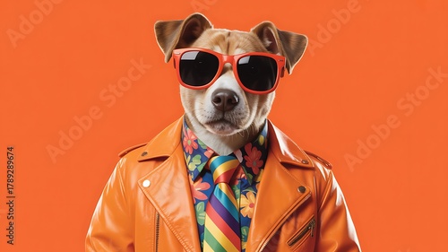 Stylish dog wearing sunglasses and leather jacket with colorful tie