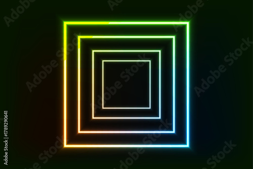 A glowing neon tunnel of concentric squares with a vibrant gradient from yellow to blue, creating a futuristic and immersive effect on a dark background.