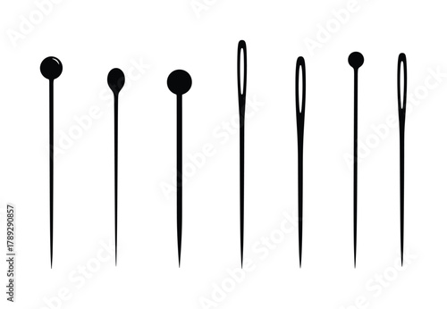 Set of black sewing needles and pins elements