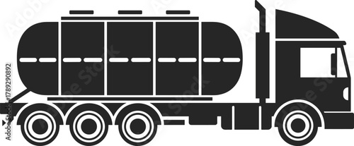 Tanker truck silhouette vector, fuel transport vehicle, black and white logistics illustration, industrial cargo truck, petroleum delivery, chemical haulage graphic