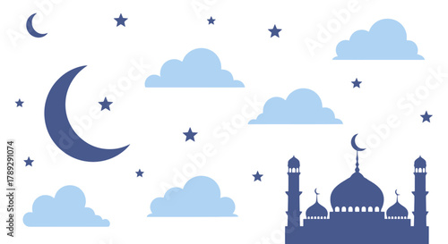 Beautiful Night Sky with Crescent Moon and Starry Clouds Over Mosque